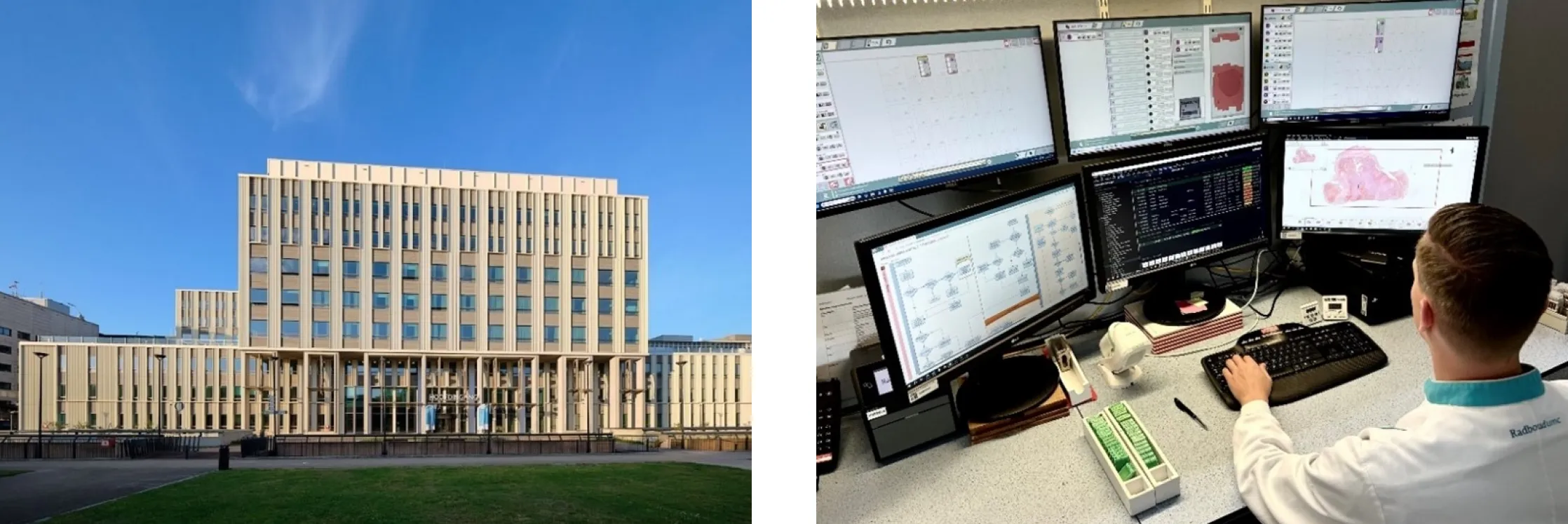 Left: Radboud university medical center’s exterior from a small green area located in front of the main entrance. Right: Histology lab technician reviewing the automated quality control results from AiosynQC at Radboudumc’s digital pathology laboratory.